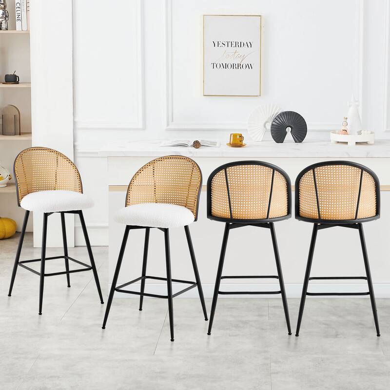 Upholstered Swivel Counter/ Bar Stools with Rattan Back - Set of 4 - Fabric-White - Counter Height
