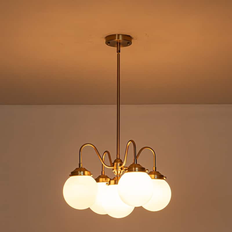 5-Light Mid-Century Modern Brass-Tone & Frosted Glass Chandelier for Living Room - 5 Light - 5 Light - Gold