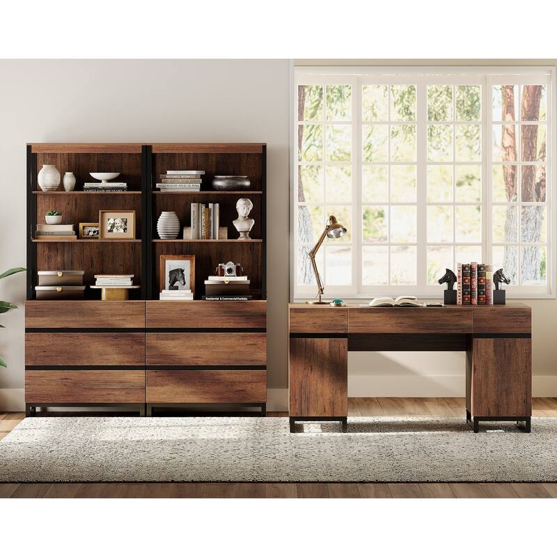 WAMPAT 59" Executive Desk with Charging Station & Storage Cabinet + 72" Tall Bookcase with 6 Drawers.