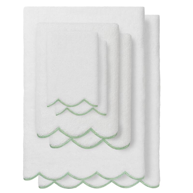 Authentic Hotel and Spa 100% Turkish Cotton ADORNIA Scallop Towel Set - White/Green - 6 Piece Set