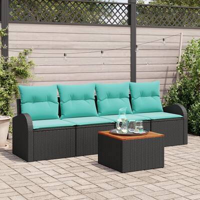 vidaXL 5 Garden Sofa Set with Cushions Black Poly Rattan - 92.1 x 24.4 x 27.2