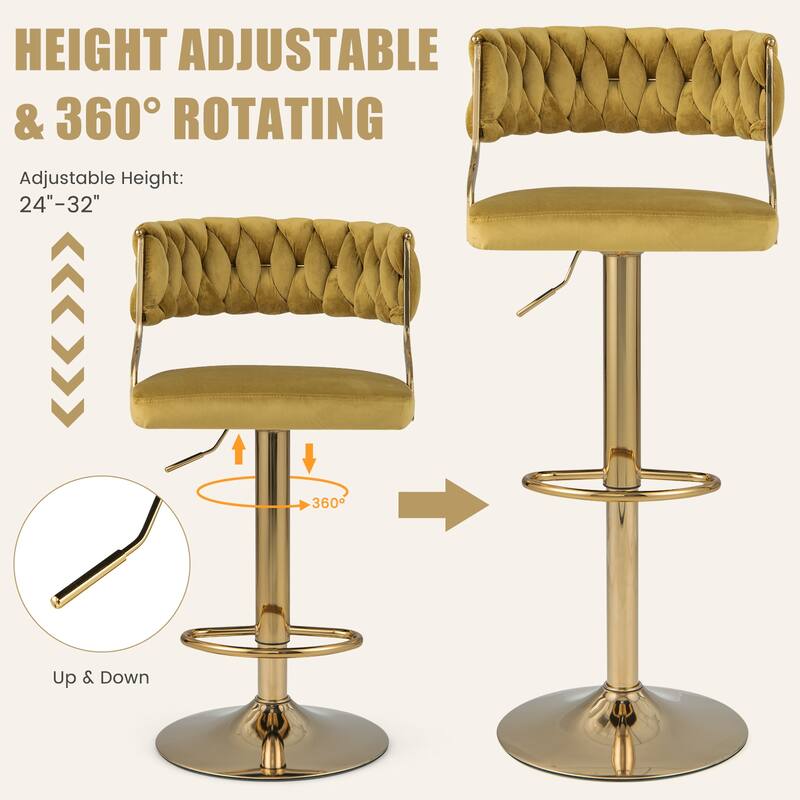 Costway Swivel Velvet Bar Stools Set of 2 Upholstered Adjustable with - See Details