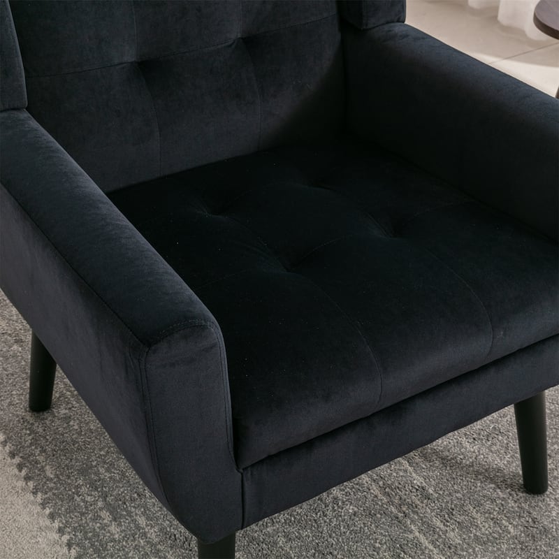 Black Velvet Modern 29.53" Upholstered Buttons Tufted Accent Chair with Black Solid Wood Legs