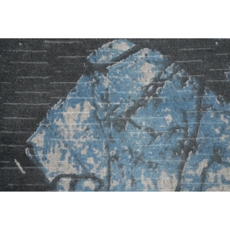 Hand Knotted Oriental Viscose Silk Carpet Modern Abstract Navy Blue & Blues Abstract Runner Rug - 4' 7'' X 2' 4''