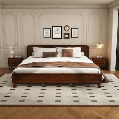 Rustic Pine Wood Bed Frame Low-Profile Platform Bed with Panel Headboard Solid Wood Slat Support and Extra Wide Thickened Legs