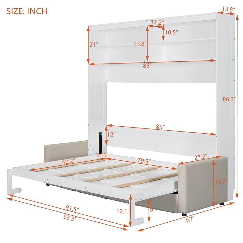 Roomfitters Queen Size Murphy Bed Wall Bed with Sofa and Overhead Storage Shelves, Space-Saving Fold Down Bed