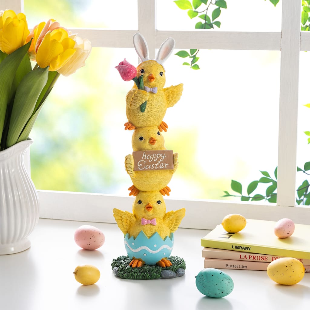 Glitzhome Easter Resin Duck Family Table Decor Stackable Chickens Figurine