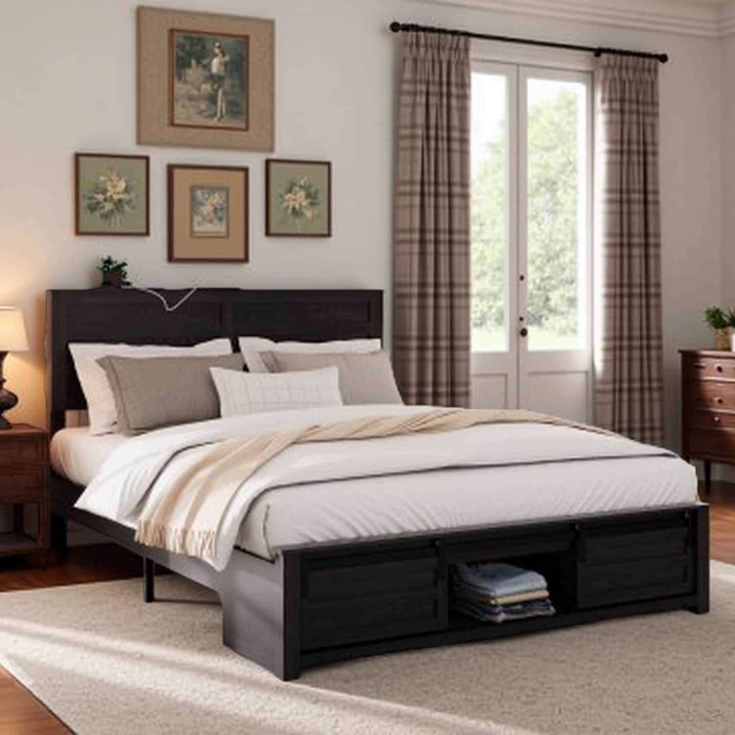 Full Size Upholstered Platform Bed with LED Light Headboard, Built-in USB & Type-C Charging Ports, Noise-Free Wooden Frame