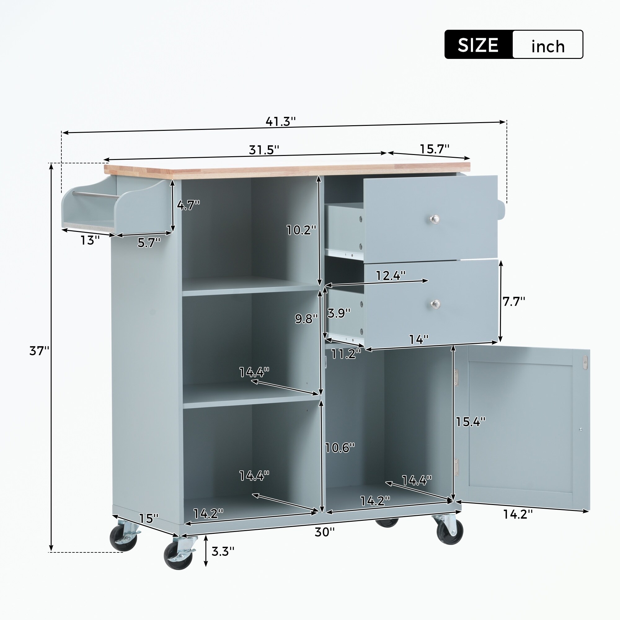 Kitchen Cart on 4 Wheels with 2 Drawers and 3 Open Shelves - On 