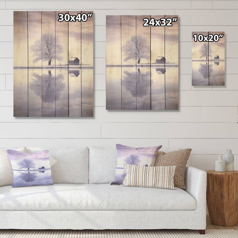Designart "Winter Landscape Purple By The Lake" Winter Landscape Wall Art Purple Wood Panel On Natural Pine Wood