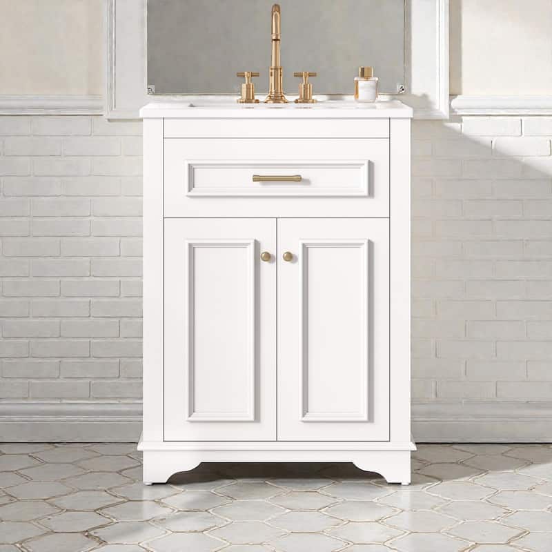 24 Inch Bathroom Vanity with Integrated Ceramic Sink, Freestanding Cabinet with Tip-Out Drawer, Small Space Vanity