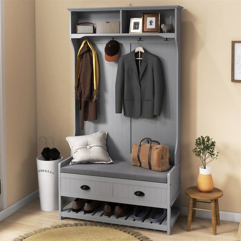 3-in-1 Coat Rack with Shoe Rack, 2 Drawers, 4 Hooks and Seat Cushions