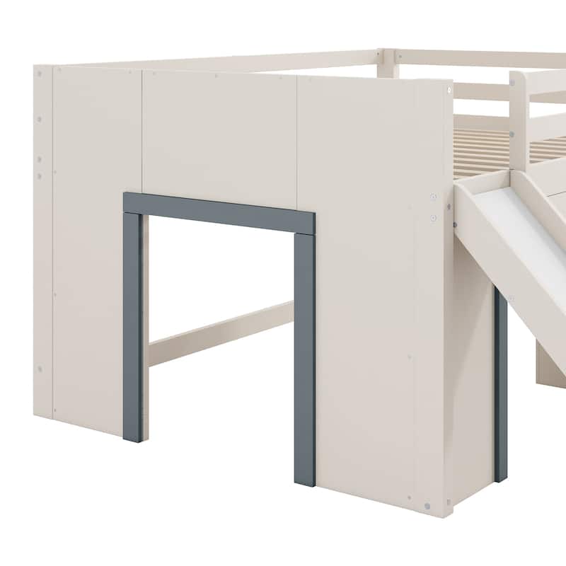 Full Size Low Loft Bed with Slide, 3 Storage Drawers and 2 Doors
