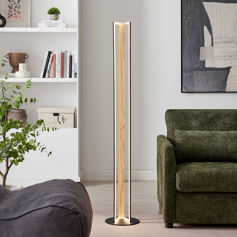 Iron & Wood Floor Lamp - N/A - Wood and Black