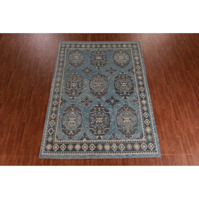 Hand Knotted Oriental 100% Wool Carpet Transitional Geometric Navy Blue & Blues Oushak Area Rug - 11' 4'' X 8' 3''