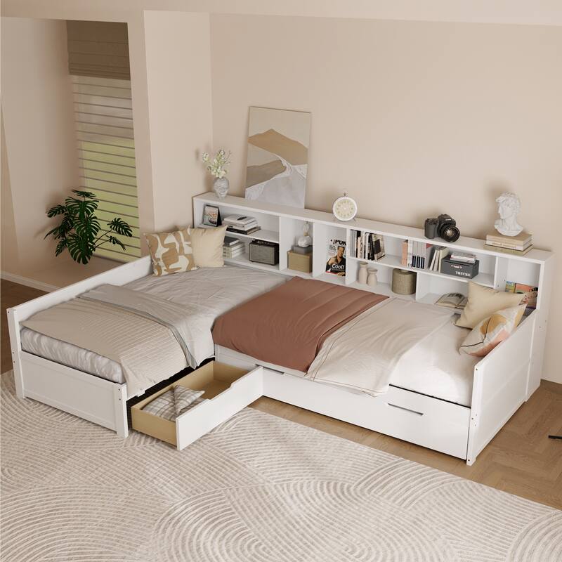 3-in-1 Bookcases Daybed L Shape Corner Sofa Bed Frame Wood Captains Bed with Underbed Trundle and Storage Drawer, Space-Saving