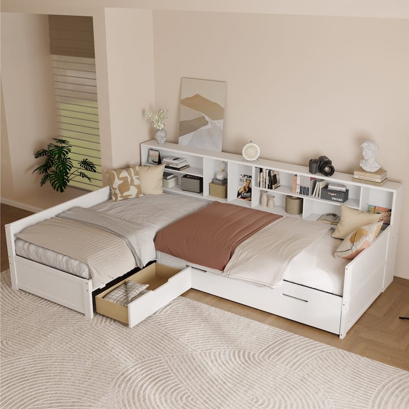 L Shaped Corner Daybed for 3 Wooden Twin Size Captains Bed with Bookcases, Under-bed Trundle Bed and Storage Drawers