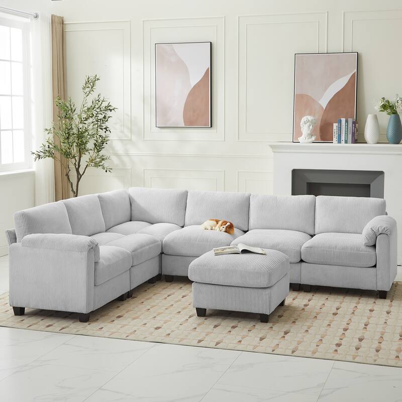 Multi-Seater Corduroy Sectional Sofa, Soft & Comfortable Corner Sofa - 6 Seats & 1 Ottoman - Mist Grey