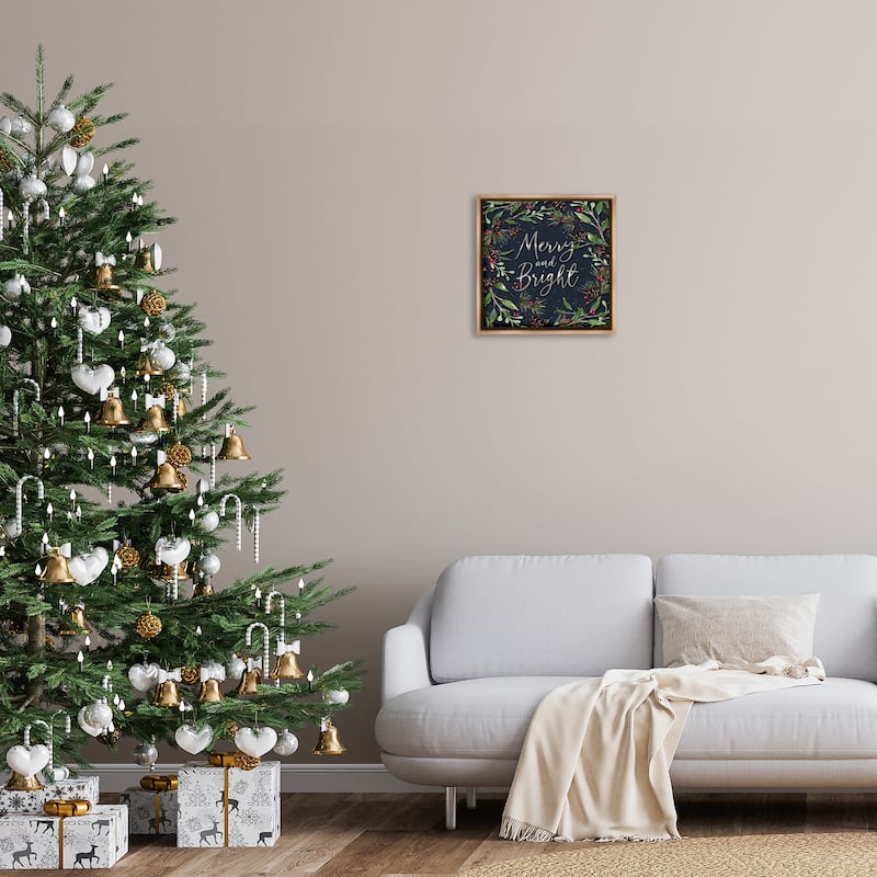 Stupell Merry & Bright with Holly Leaves Framed Floater Canvas Wall Art Design By Elizabeth Tyndall