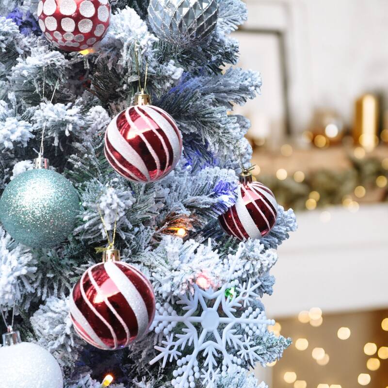 VEIKOUS Pre-Lit Artificial Christmas Tree Pencil Snow with Foldable Iron Stand with LED lights, 5.5/6.5/7.5 ft