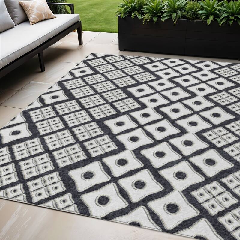 Black And Ivory Geometric Washable Indoor Outdoor Area Rug - 5' X 8' - 5' X 8' - Ivory/Black