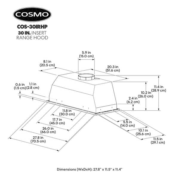 Cosmo 30 in. Insert Range Hood with Push Button Controls, 3-Speed Fan, LED Lights and Permanent Filters in Stainless Steel