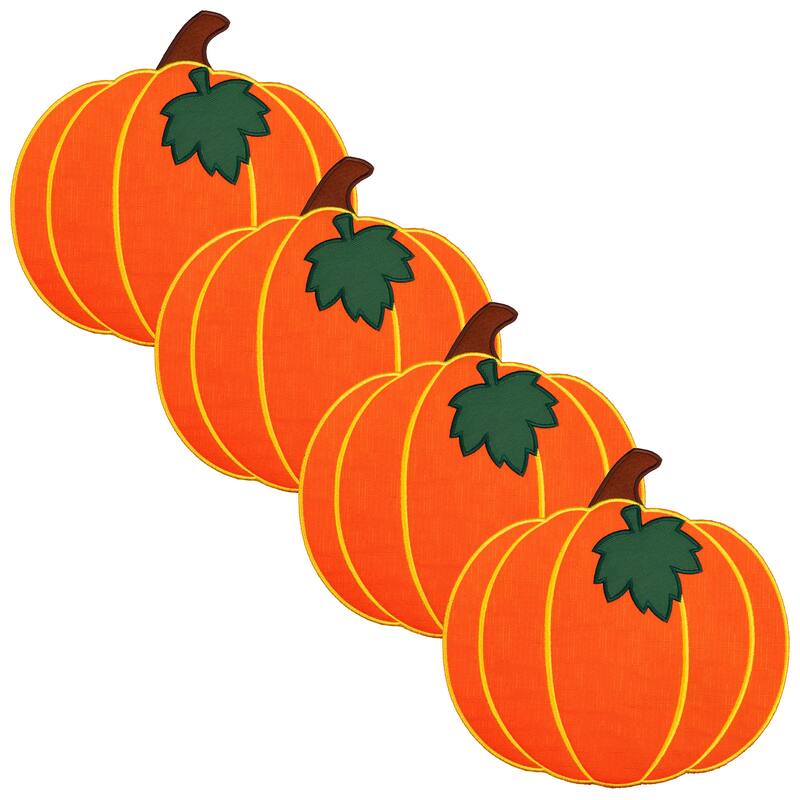 Embroidered Pumpkin Fall Harvest Placemats - 13" - Orange and Green - Set of 4