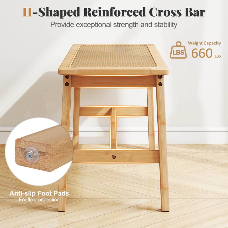 Costway 39.5” Bamboo Dining Bench with Handwoven Rattan Seat, Wooden - See Details