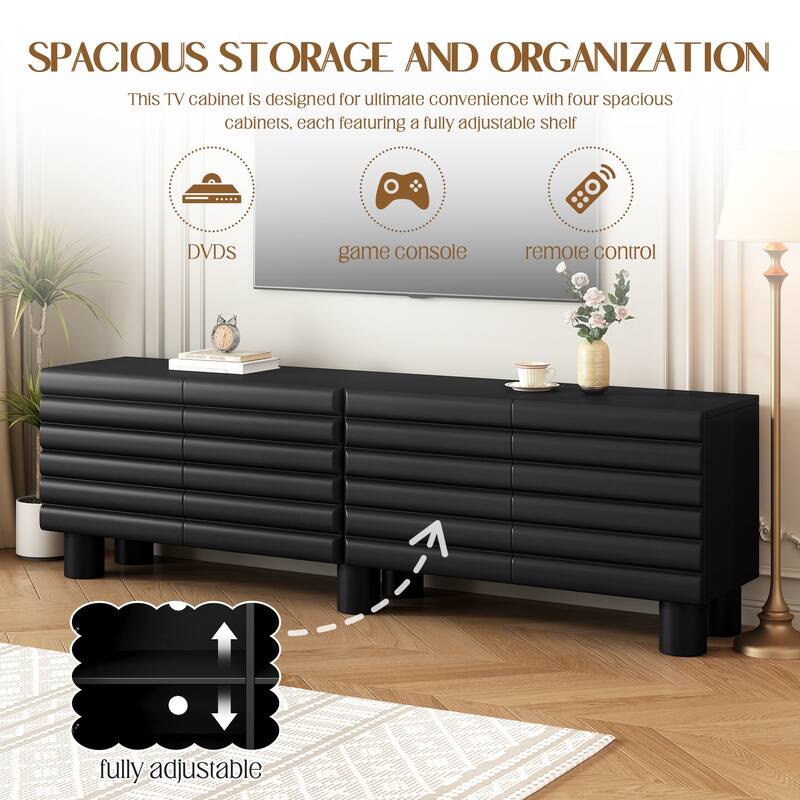 75 inch TV Stand Media Console with 4 Cabinets, Cream Wavy Door Cabinet with Cylindrical Legs & Cable Management