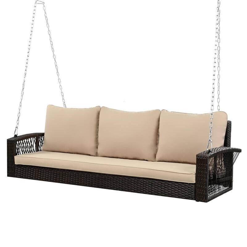 3-Person Wicker Porch Swing with Chains and Cushions for Relaxing in Your Backyard or Garden