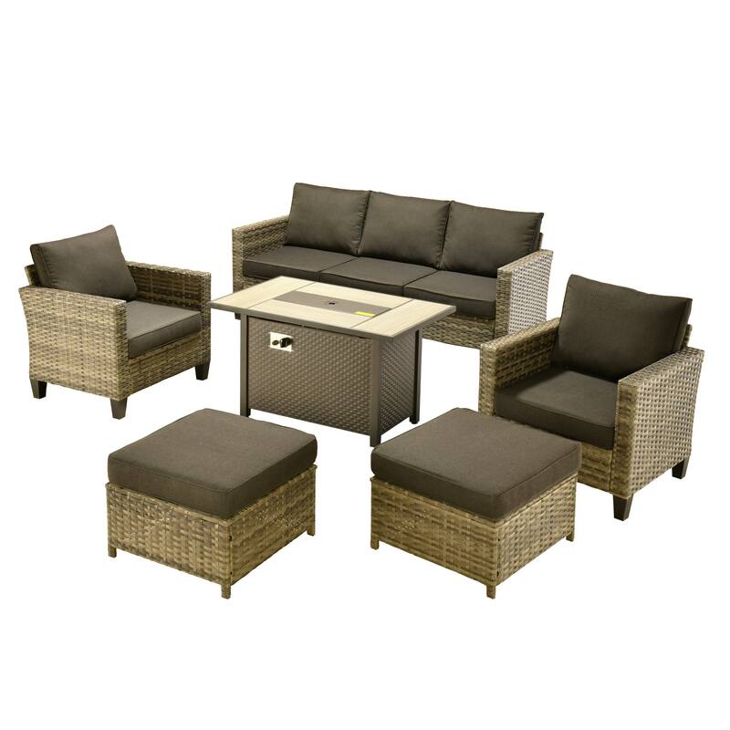 OVIOS 6-piece Patio Wicker Conversation Furniture Set With Fire Pit