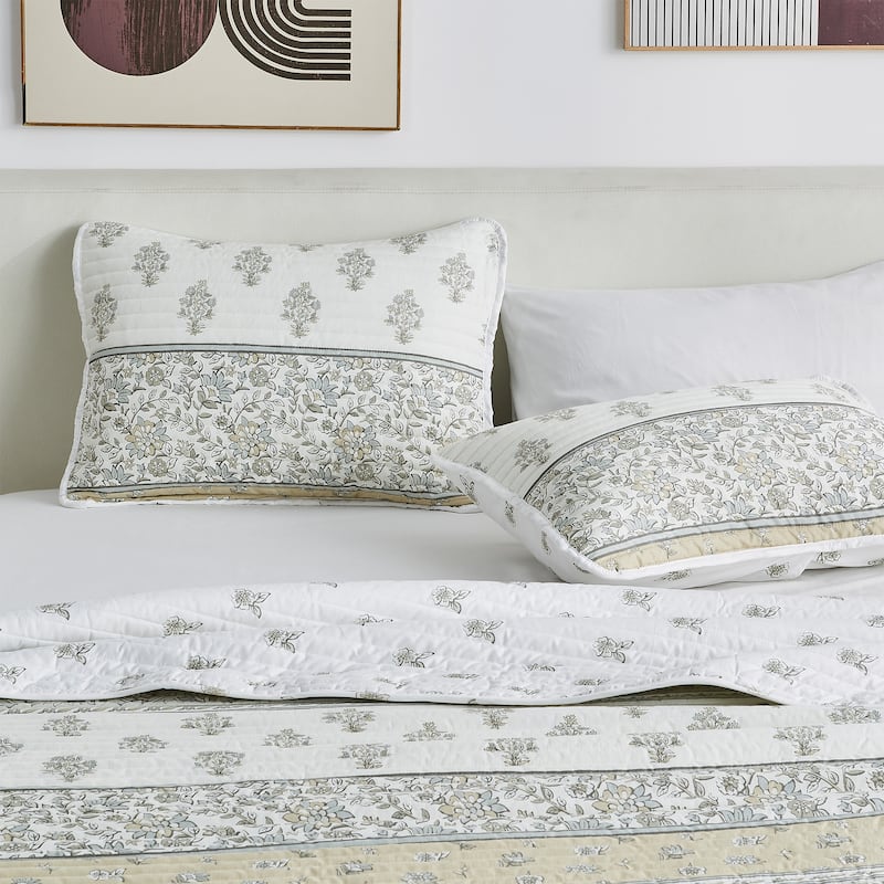 Linery & Co. Floral Stripe Printed Reversible Stitched Quilt Set with Shams