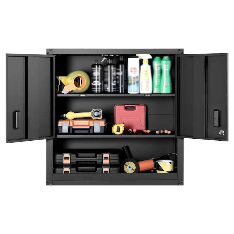 30 Inch Matte Black Metal Wall Storage Cabinet with Adjustable Shelves and Lockable Doors - 30” x 12.01” x 30”