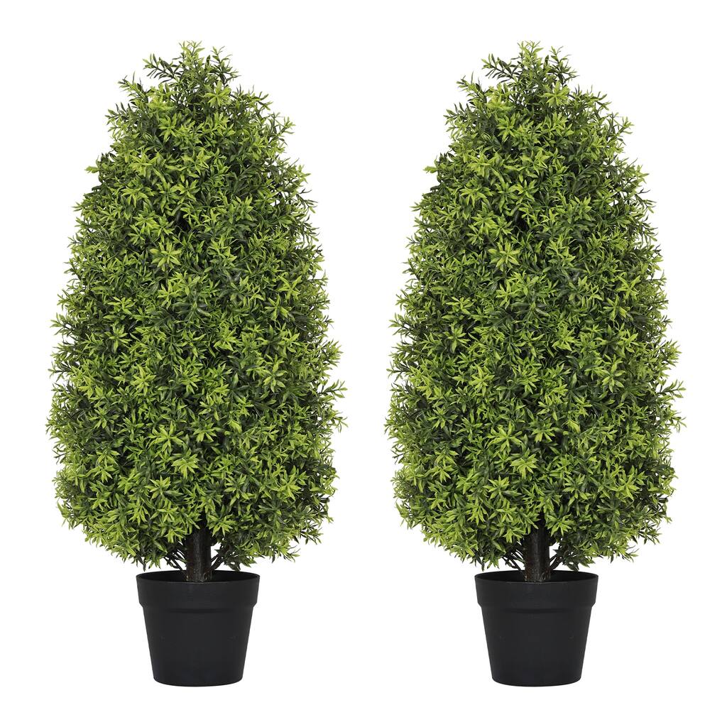 90cm Artificial Boxwood Cone Tree Faux Shrub for Outdoor Planter and Entryway Décor 2pcs/set