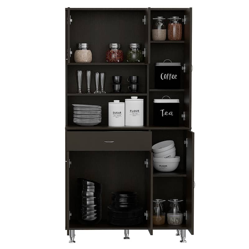 Kitchen Pantry Cabinet, Two Open Shelves, One Drawer, Multiple Cabinets