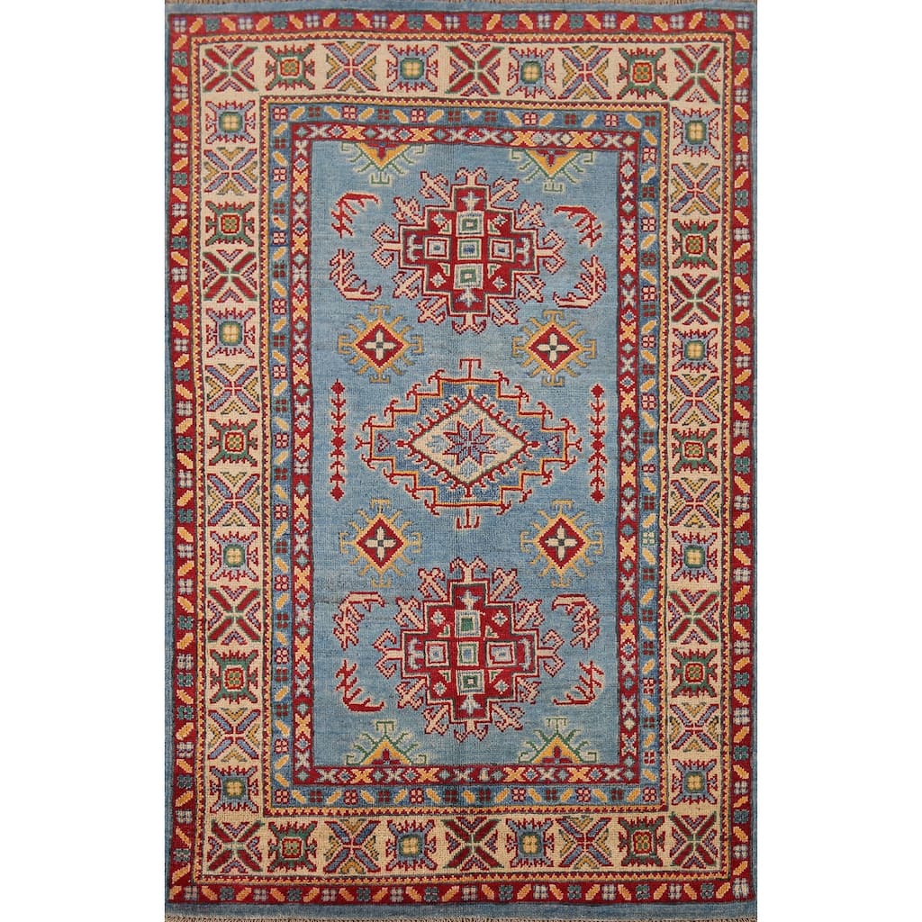 Blue Kazak Oriental Accent Rug Handmade Wool Carpet - 3'4" x 5'0"