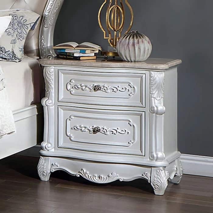 Pearl White Traditional 1pc Solid Wood Nightstand w/ 2 Drawers & Marble Top for Bedroom - White