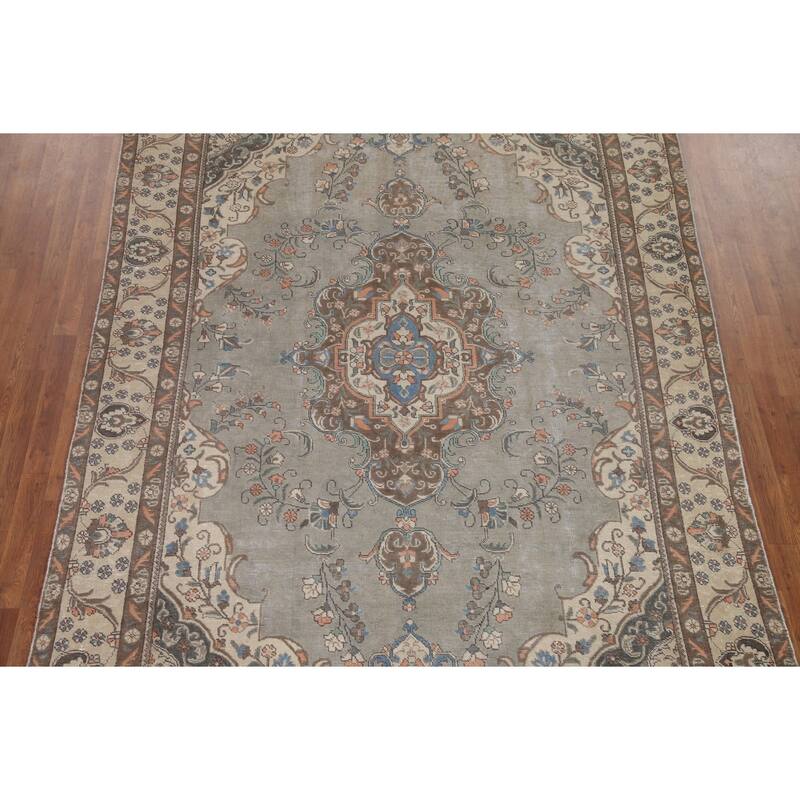 Hand Knotted Oriental 100% Wool Carpet Traditional Medallion Greys & Charcoal Tabriz Area Rug - 10' 9'' X 7' 2''