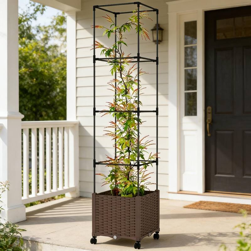 Rolling Garden Bed with Trellis, Locking Wheels Self-Watering System - Brown