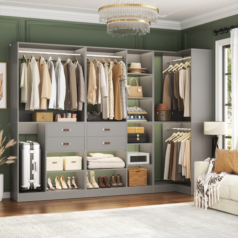 Rackcog 71'' - 110'' Set of 3 Freestanding Corner Closet Organizer, Reversible Wardrobe with Hanging Rods - Grey