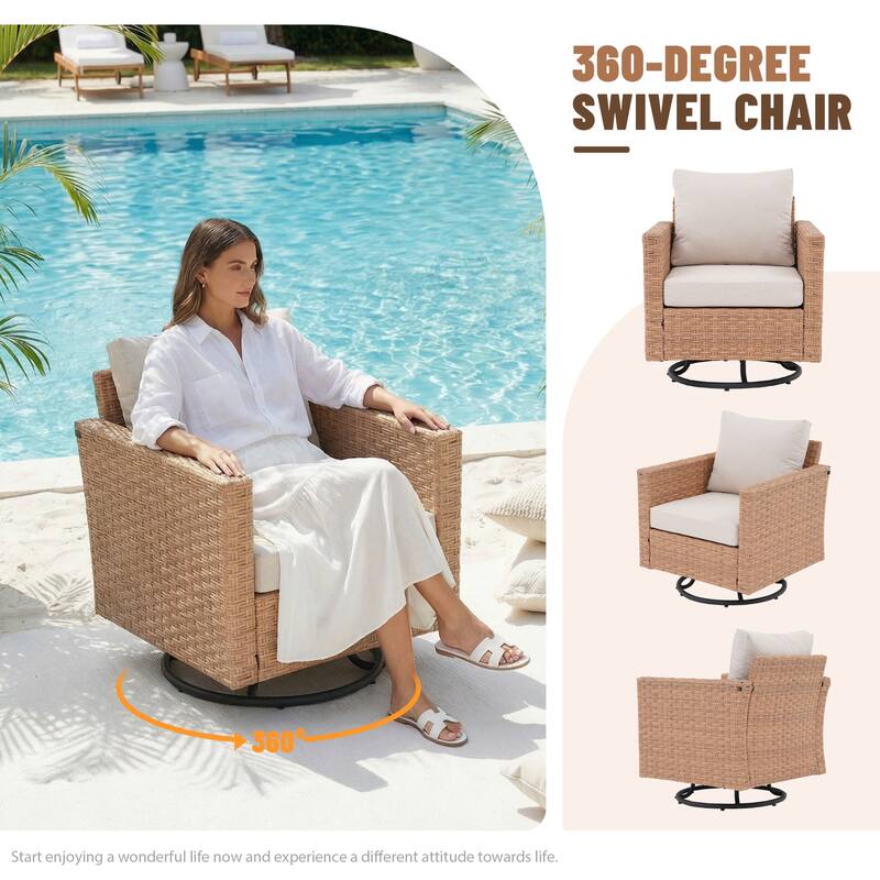 3-piece Cushioned Outdoor Wicker Swivel Chairs Set with Side Table Patio Armchair Sofa Set
