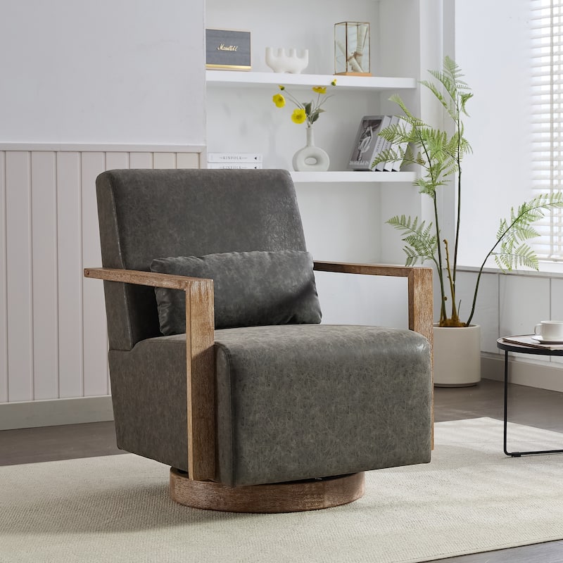 PU Leather Swivel Chair with Wood Armrests - Gray