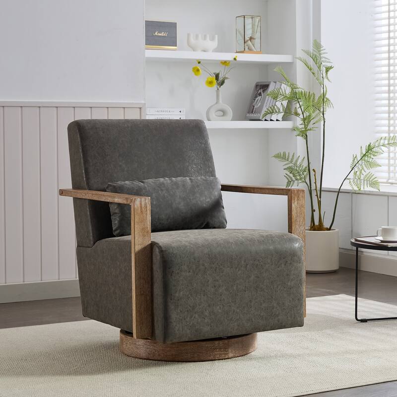 Swivel Accent Chair with Wood Armrests, Modern Faux Leather Arm Chair for Living Room, Comfy Club Reading Chairs for Bedroom - Grey
