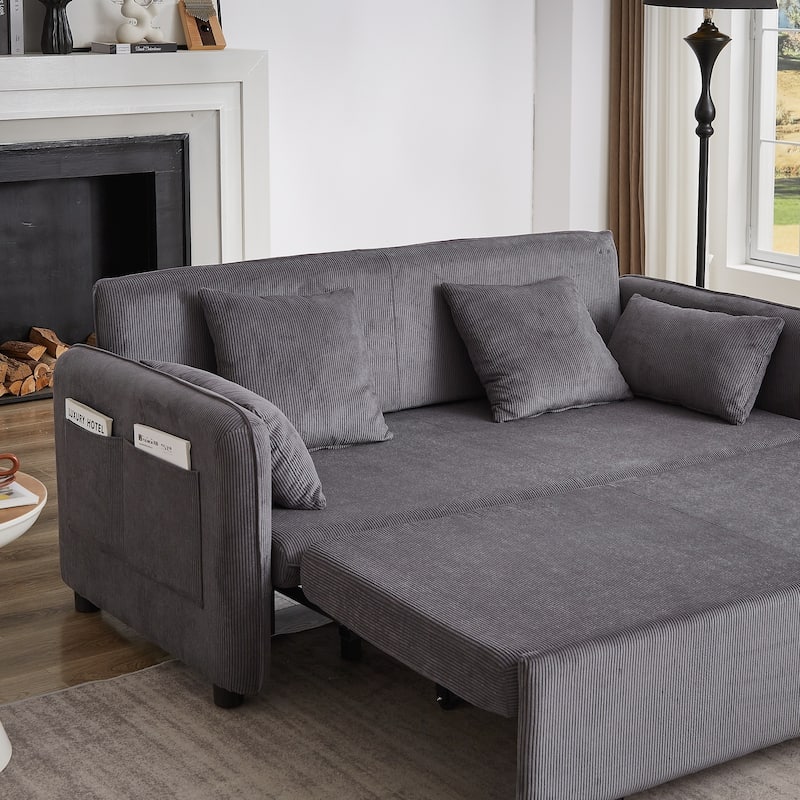 66 Inch Sleeper Sofa Bed with Pullout Bed 4 Pillows and Side Pockets Soft Corduroy Convertible Sleeper Sofa Bed