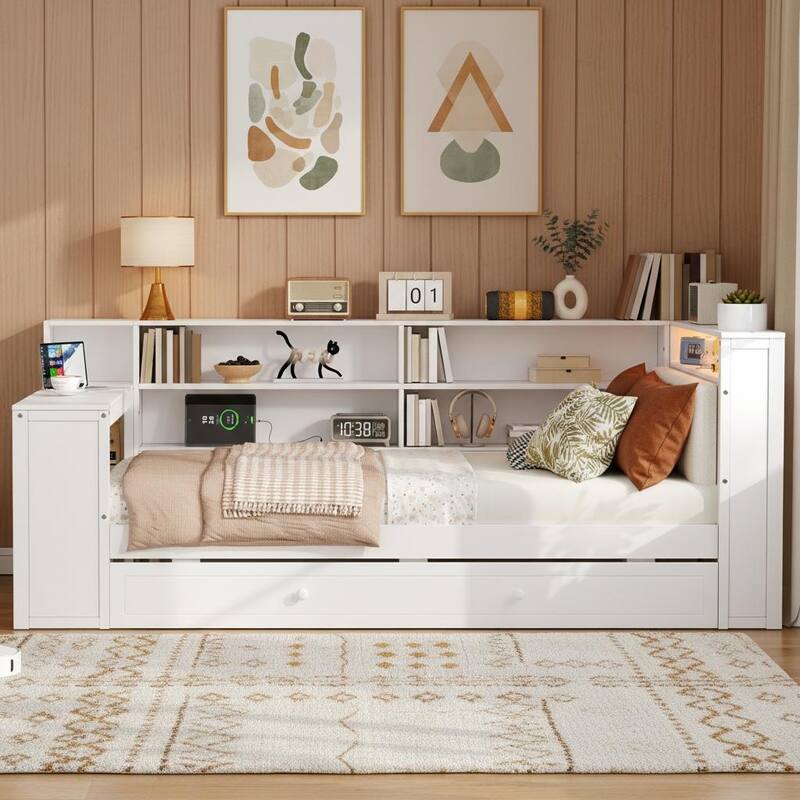 Daybed Bed with Trundle, Storage Shelves, Charging Station, & LED Light by Harper&Bright Designs