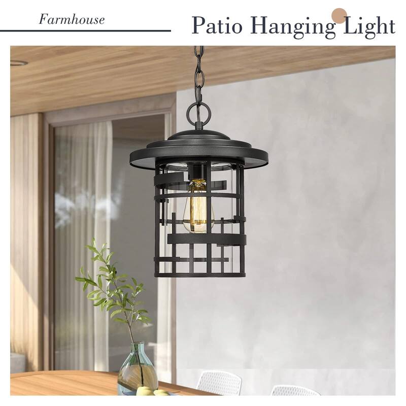 Outdoor Pendant Lighting, Exterior Ceiling Hanging Light, Black - 11" x 11" x 13.4"