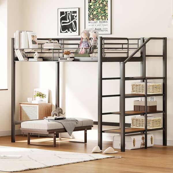 slide 2 of 47, Metal Loft Bed with Grid Storage Guardrail and Storage Ladder Black - Twin