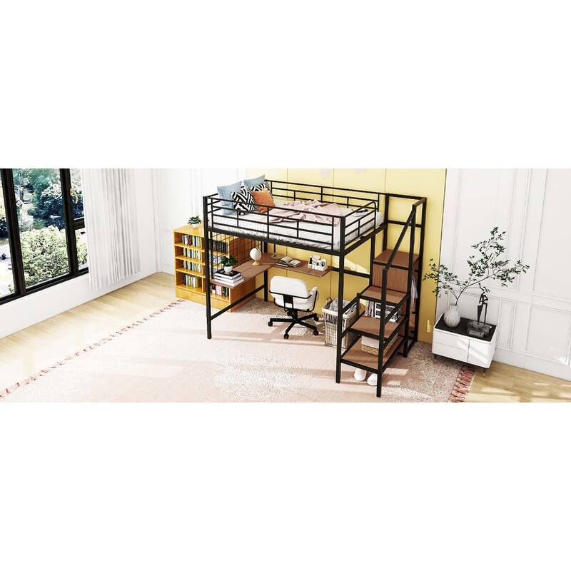 Metal Loft Bed with Desk ,Storage Ladder & Wardrobe