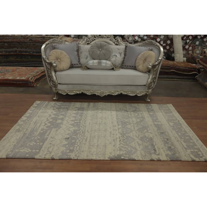 Hand-knotted Modern Wool Beige Geometric Area Rug Oriental Carpet - 7' 7'' X 4' 10''