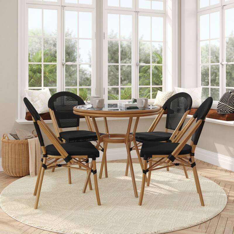 Indoor/Outdoor Commercial Bistro Set with Table and Four Chairs - Black Textilene/Natural Frame